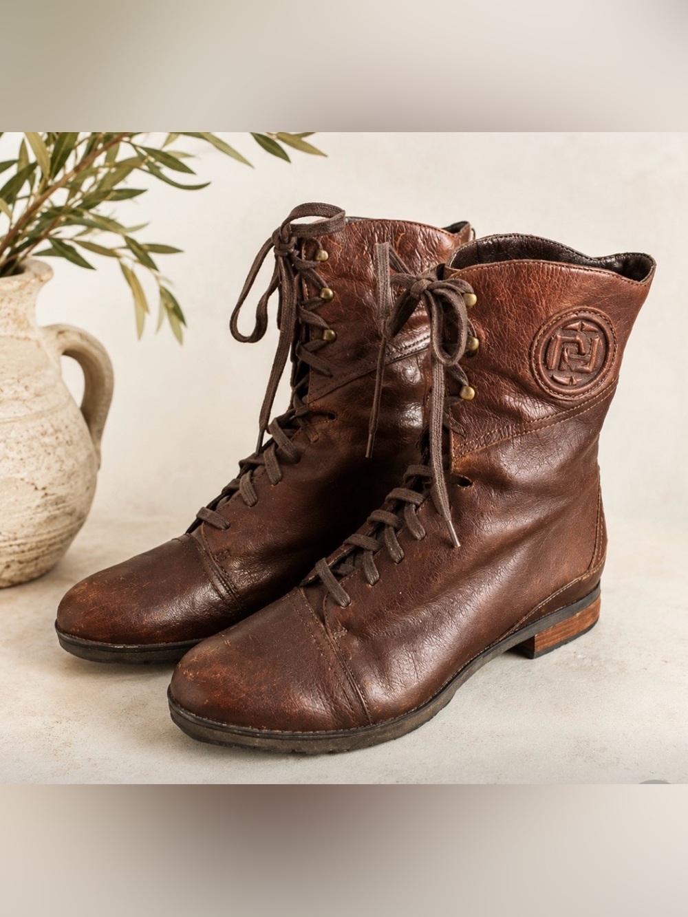 Vintage Rockport Brown Leather Combat Boots Lace Up Mid Calf Woman's 7.5